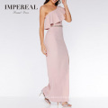 Women Diamante Waistband Maxi Ruffle Layer Neckline Peach Bridesmaid Pink Dress